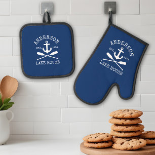 Ensemble De Gant De Cuisine Et De Manique Nautical Lake House Famille Ancre Oars Marine Bleu