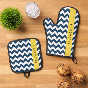 Ensemble De Gant De Cuisine Et De Manique Navy Blue Zigzag, Navy Blue Chevron, Votre nom