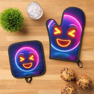 Ensemble De Gant De Cuisine Et De Manique Neon Laughing Emoji Joy