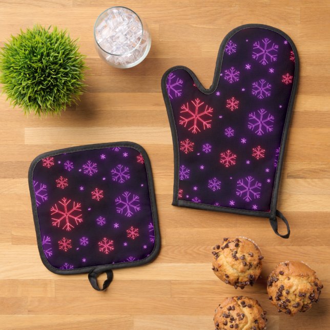 Ensemble De Gant De Cuisine Et De Manique Neon Snowflakes (De haut en bas)