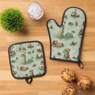 Ensemble De Gant De Cuisine Et De Manique Nessie de Noël Monstre du Loch Ness Confortable Cr