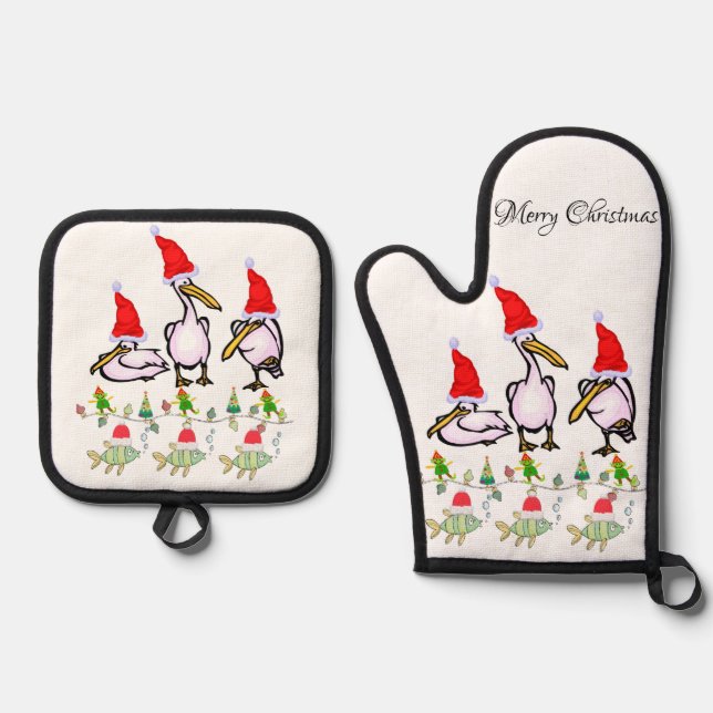 Ensemble De Gant De Cuisine Et De Manique Nocturne Pélican Mitt & Pot Holders (Recto)