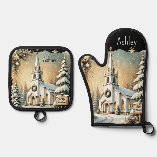 Ensemble De Gant De Cuisine Et De Manique Noël blanc (Recto)