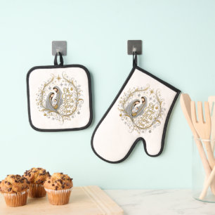 Ensemble De Gant De Cuisine Et De Manique Noël de la nativité en argent et or