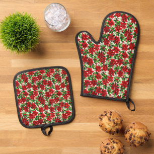 Ensemble De Gant De Cuisine Et De Manique Noël Motif Poinsettia