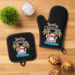 Ensemble De Gant De Cuisine Et De Manique Noël Plage Tropicale Vacances Santa Plage
