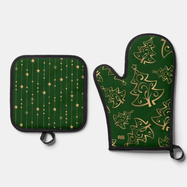 Ensemble De Gant De Cuisine Et De Manique Noël vert et or (Recto)