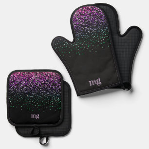 Ensemble De Gant De Cuisine Et De Manique Noir avec accent de paillettes colorées
