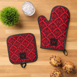 Ensemble De Gant De Cuisine Et De Manique Noir rouge gothique Damas motif floral Monogramme