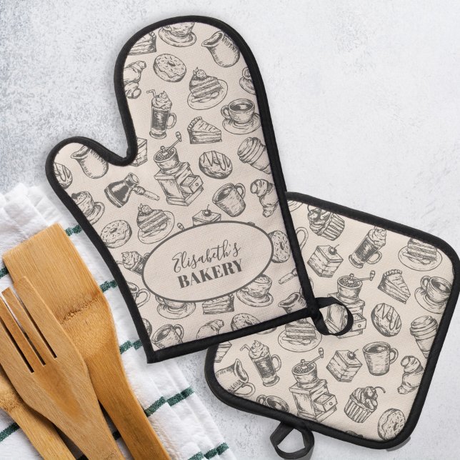 Ensemble De Gant De Cuisine Et De Manique Nom de la boulangerie vintage pâtisserie grise per (Créateur téléchargé)