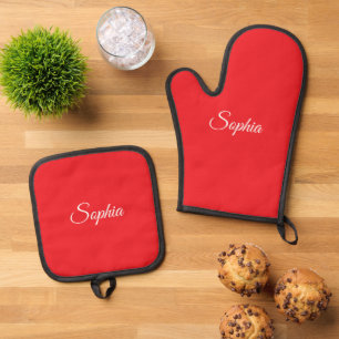 Ensemble De Gant De Cuisine Et De Manique Nom du script blanc ou monogramme en rouge