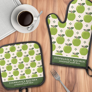 Ensemble De Gant De Cuisine Et De Manique Nom personnalisé du Motif Apple vert