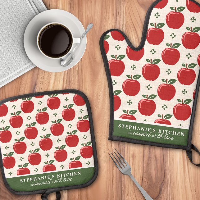 Ensemble De Gant De Cuisine Et De Manique Nom personnalisé du Motif Red Apple (Créateur téléchargé)