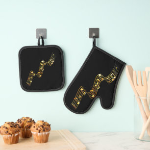 Ensemble De Gant De Cuisine Et De Manique Notes musicales d'or Couleurs personnalisées