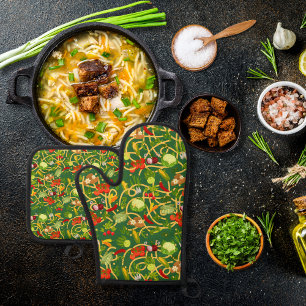 Ensemble De Gant De Cuisine Et De Manique Nouilles et légumes colorés vert