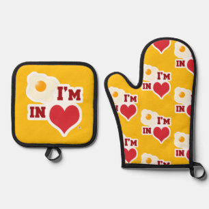Ensemble De Gant De Cuisine Et De Manique Oeuf frit I Am In Love Cool Heart Logo Motif