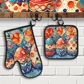 Ensemble De Gant De Cuisine Et De Manique Oeufs et fleurs colorés en gras