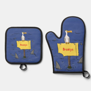 Ensemble De Gant De Cuisine Et De Manique Oiseau de mer amusant entouré de dessins animés de