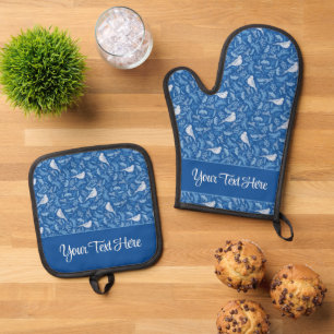 Ensemble De Gant De Cuisine Et De Manique Oiseaux bleu clair et blanc motif floral d'hiver