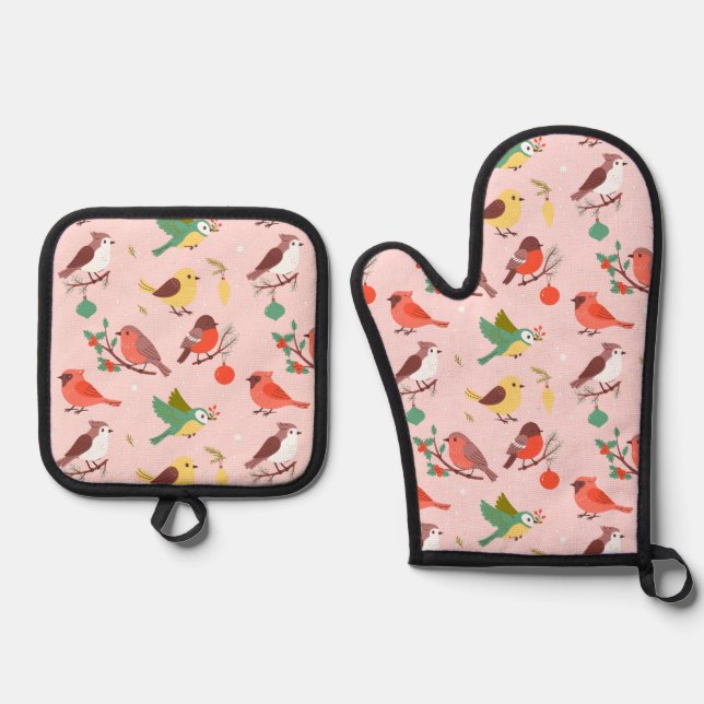 Ensemble De Gant De Cuisine Et De Manique Oiseaux de Noël d'hiver (Recto)