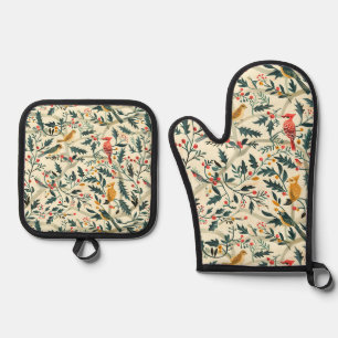 Ensemble De Gant De Cuisine Et De Manique Oiseaux de Noël et Feuilles