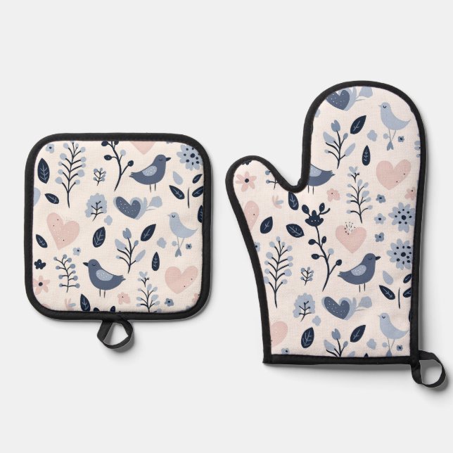 Ensemble De Gant De Cuisine Et De Manique Oiseaux lunaires scandinaves (Recto)