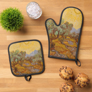 Ensemble De Gant De Cuisine Et De Manique Oliviers de Van Gogh Ciel Soleil Jaune