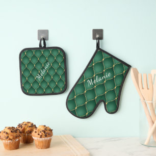Ensemble De Gant De Cuisine Et De Manique Or Diamond foncé Emeraude Vert Nom personnalisé