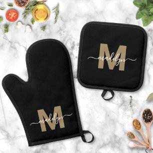 Ensemble De Gant De Cuisine Et De Manique Or Noir Monogramme Nom Moderne