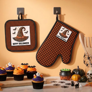 Ensemble De Gant De Cuisine Et De Manique Orange & Black Gingham Halloween Witch Hat & Bats