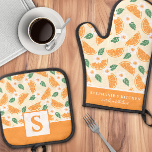 Ensemble De Gant De Cuisine Et De Manique Orange Citron Floral Mignon Été Monogrammé