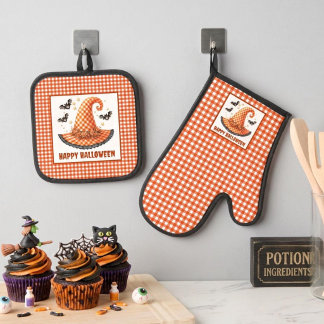 Ensemble De Gant De Cuisine Et De Manique Orange Gingham Halloween Witch Hat and Bats