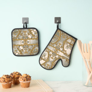 Ensemble De Gant De Cuisine Et De Manique Orné Or Blanc Floral Décor