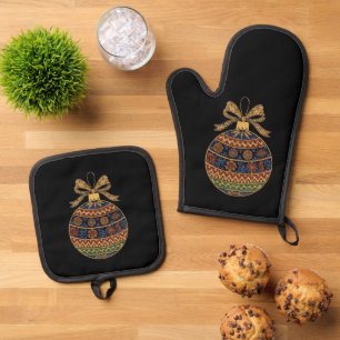 Ensemble De Gant De Cuisine Et De Manique Ornement de Noël Bohème Élégant et Orné d'Art Popu
