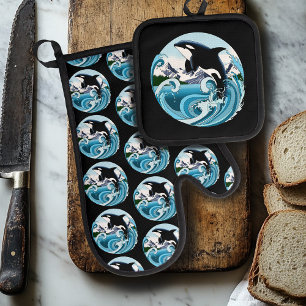 Ensemble De Gant De Cuisine Et De Manique Orque majestueuse épaulard baleine vagues bleues o