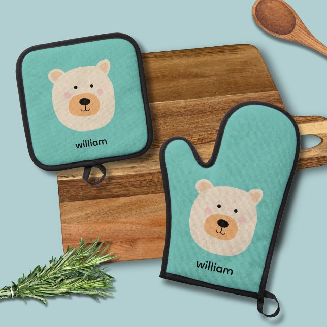 Ensemble De Gant De Cuisine Et De Manique Ours blanc mignon (White polar bear kids oven glove mitt set with personalized name)