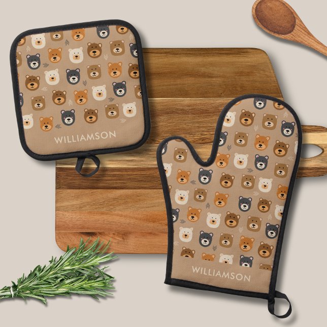 Ensemble De Gant De Cuisine Et De Manique Ours mignon de la forêt (Brown bear kids oven glove mitt set beige with personalized name)