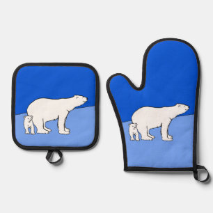 Ensemble De Gant De Cuisine Et De Manique Ours polaire Mère et Cub Peinture Faune Art