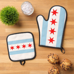 Ensemble De Gant De Cuisine Et De Manique Oven Mitt, Pot Holders avec le drapeau de Chicago,