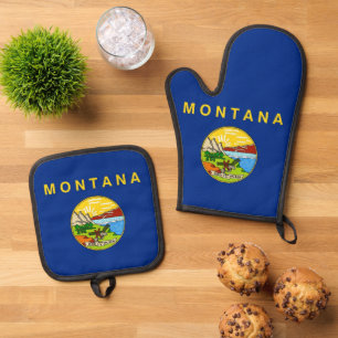 Ensemble De Gant De Cuisine Et De Manique Oven Mitt, Pot Holders avec le drapeau de Montana,