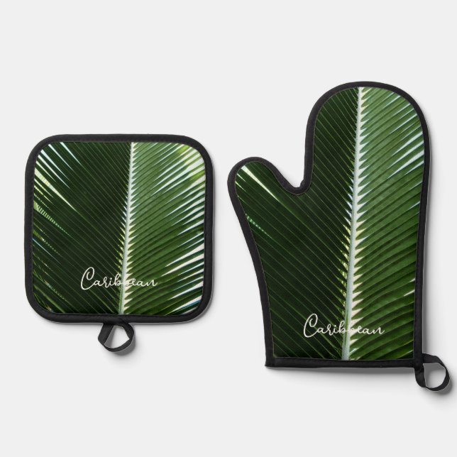 Ensemble De Gant De Cuisine Et De Manique Overlapping Palm Fronds Tropical Green Abstract (Recto)