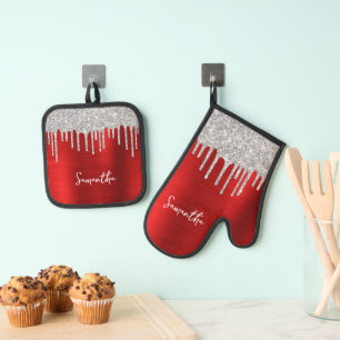 Ensemble De Gant De Cuisine Et De Manique Paillettes Argentées qui Dégoulinent Nom Rouge Gla