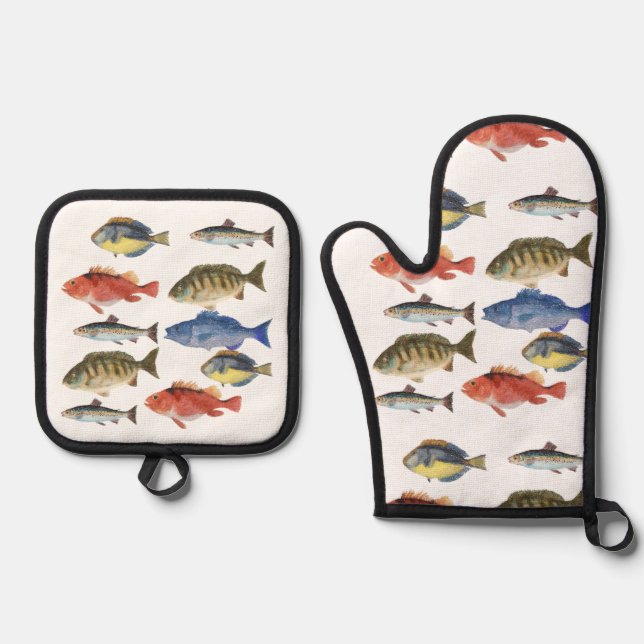Ensemble De Gant De Cuisine Et De Manique Painted Fish (Recto)