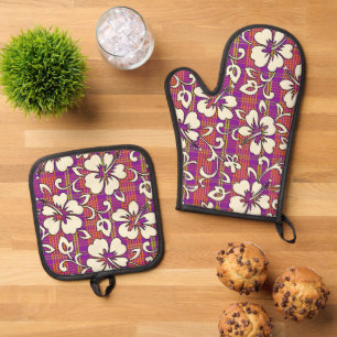 Ensemble De Gant De Cuisine Et De Manique Palaka Pareau Hawaïen à carreaux Hibiscus Violet