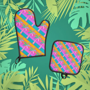 Ensemble De Gant De Cuisine Et De Manique Palm Springs Gras Coucher de soleil rayures Palm T