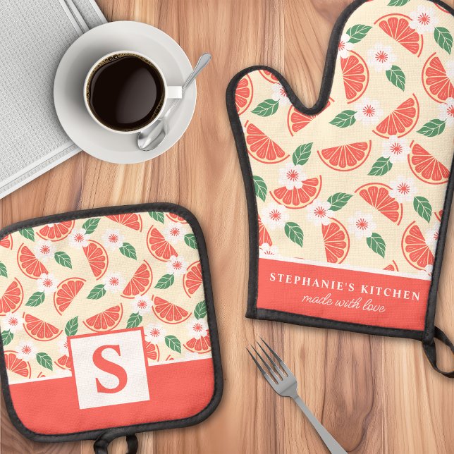 Ensemble De Gant De Cuisine Et De Manique Pamplemousse Citrus Floral Mignon Monogrammé (Créateur téléchargé)