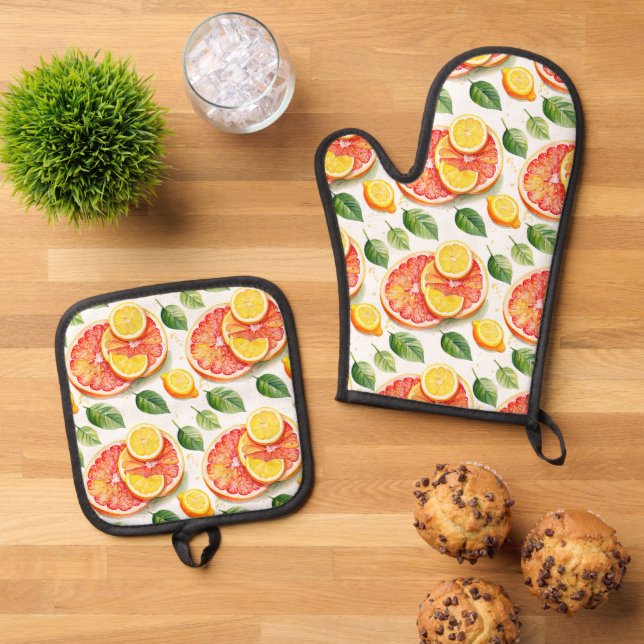 Ensemble De Gant De Cuisine Et De Manique Pamplemousse et citrons Aquarelle Citrus (De haut en bas)