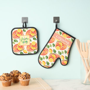 Ensemble De Gant De Cuisine Et De Manique Pamplemousse et citrons Aquarelle Citrus Four Mitt