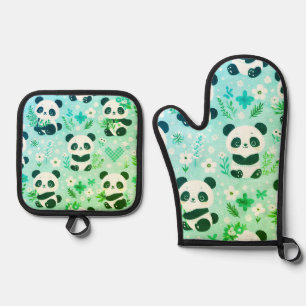 Ensemble De Gant De Cuisine Et De Manique Panda Bear Motif Vert Imprimer