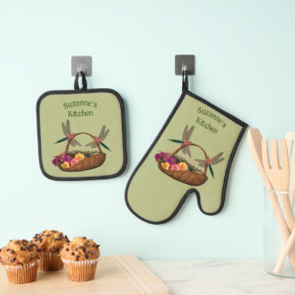 Ensemble De Gant De Cuisine Et De Manique Panier de fleurs personnalisé aux libellules